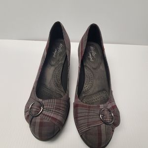 Dexflex Comfort Women Shoes Plaid Wedge Slip On Pump Gray Burgundy  8.5W
